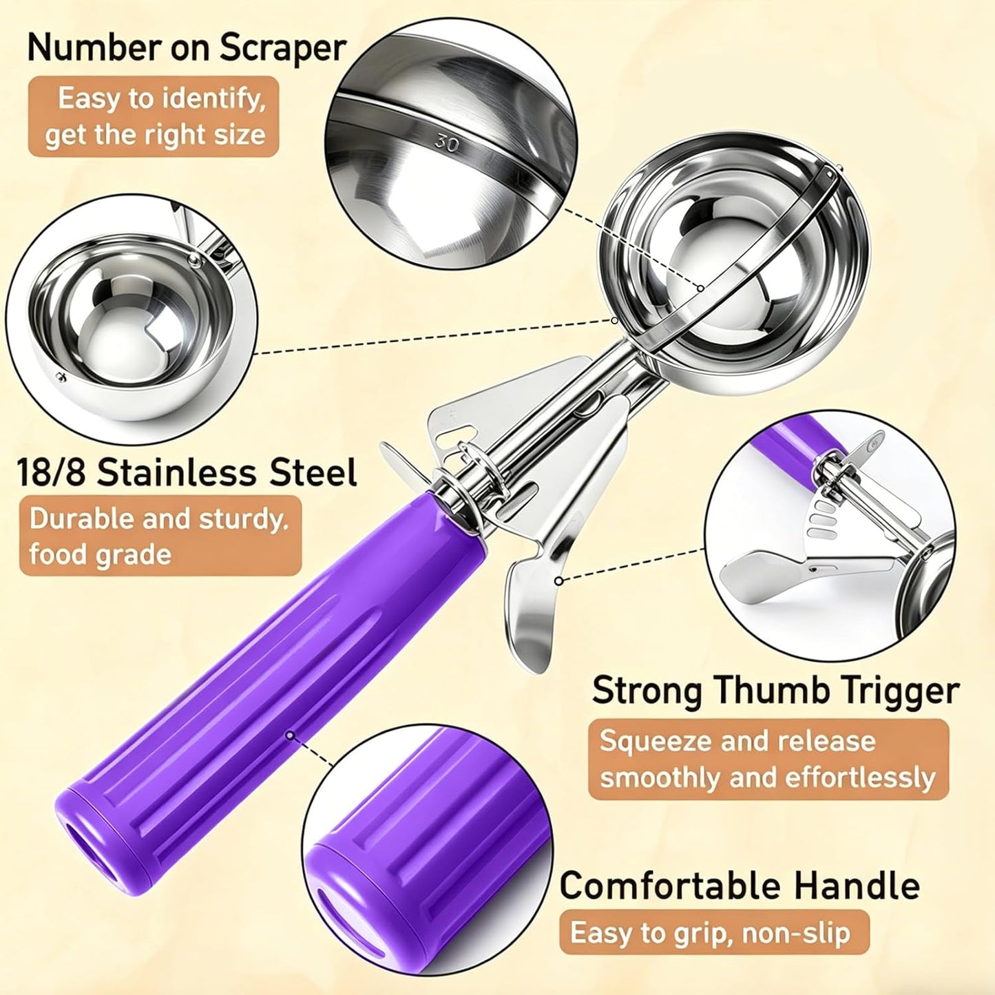 Fayomir 2 oz Scoop, Cookie Scoop for Baking, 2 oz Ice Cream Scoop with Trigger, #16 Disher, Portion Scoop, Blue Handle, Food Scoop for Ice Cream, Muffin, Cupcake Batter, Mashed Potato, Cookie Dough