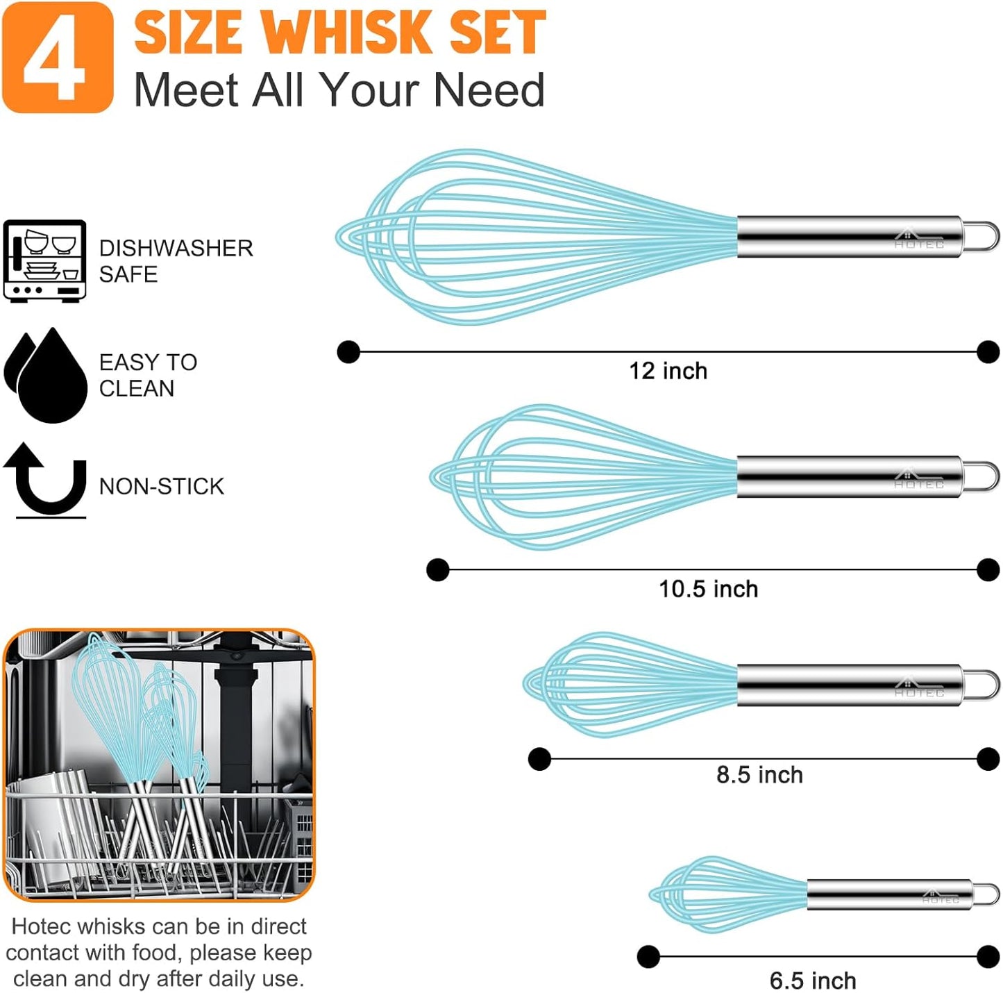 HOTEC 4 Pieces Silicone Whisks Set, Wire Balloon Whisks for cooking Egg Beater, Non-slip Handle Whisk for Non-stick Cookware Perfect for Cooking, Stirring, Beating and Blending (Multicolor)