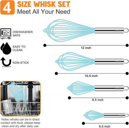 HOTEC 4 Pieces Silicone Whisks Set, Wire Balloon Whisks for cooking Egg Beater, Non-slip Handle Whisk for Non-stick Cookware Perfect for Cooking, Stirring, Beating and Blending (Multicolor)