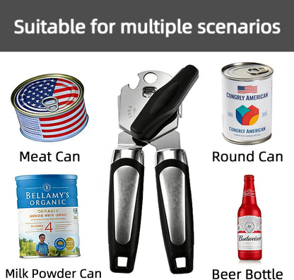 Can Opener Manual, Heavy Duty Can Opener with Built-In Bottle Openers, Ergonomic Design Extended Handle, Sharp Blade Smooth Edge, Kitchen Gadgets for Opening Cans, Multifunctional, Black