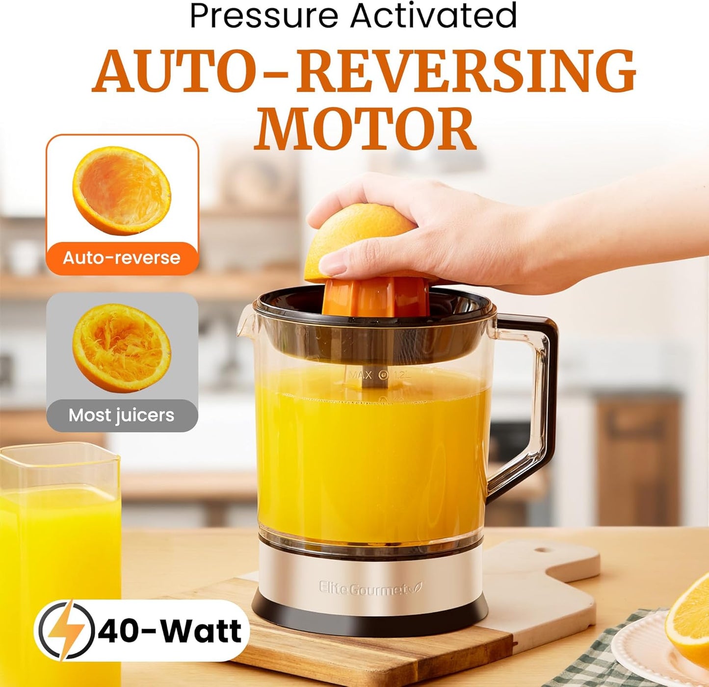 Elite Gourmet ETS047 BPA-Free 40-Watt Electric Citrus Juicer with 2 Cones, Compact, Large Volume, Pulp Control, Oranges, Lemons, Limes, Grapefruits with Easy Pour Spout, 1.2L, Black/Stainless Steel