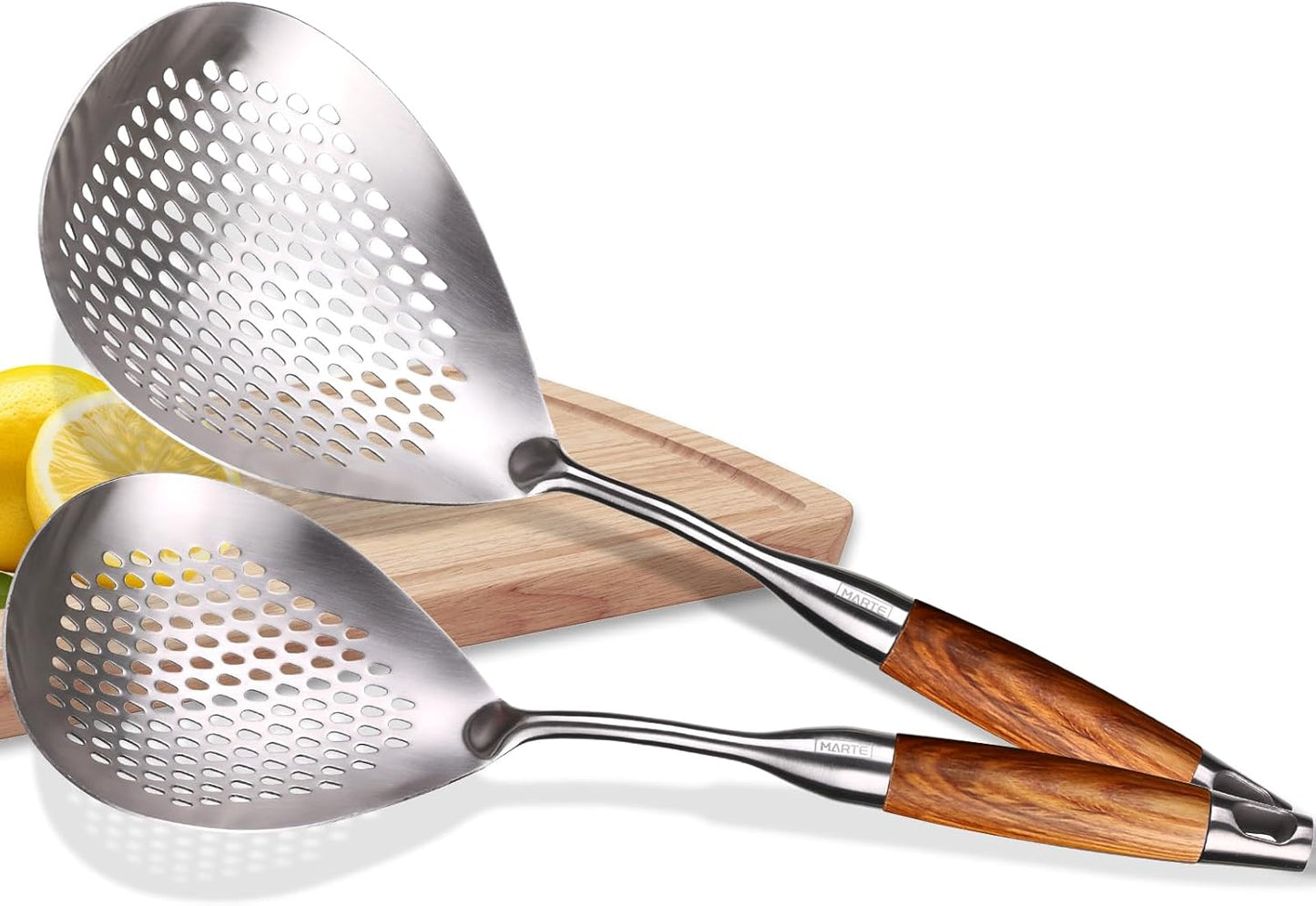 MARTE Skimmer Slotted Spoon Set of 4 - Kitchen Pasta Strainer Spoon - Spider Strainer Skimmer Ladle Spoon with Holder for Cooking and Frying Food, Spaghetti, Vegetable, Dumpling - 14.8In,16.5In,17In
