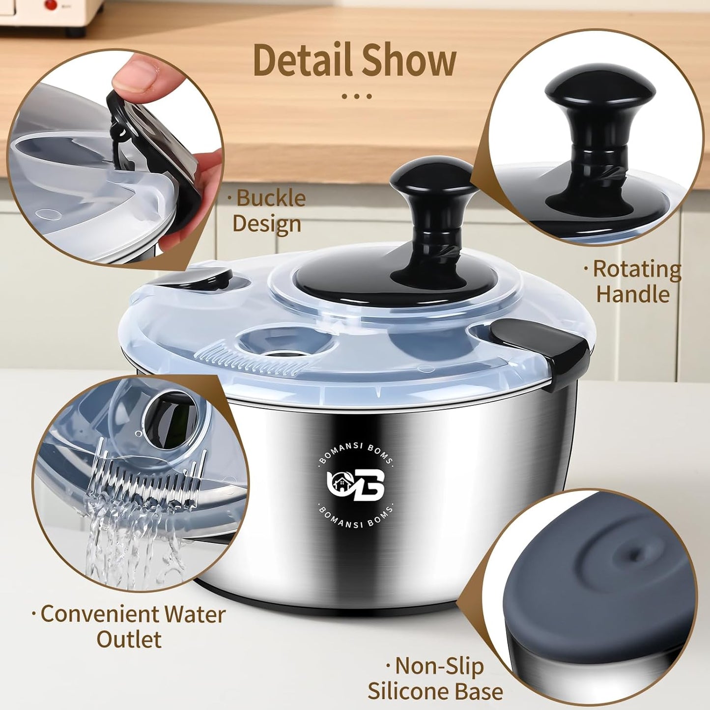 5.3 Qt Stainless Steel Salad Spinner, BOMANSI BOMS Vegetable Spinners, Lettuce Spinner, Fruit Washer, Large Salad Spinners, Dishwasher Safe, 304 Stainless Steel Bowl & Basket