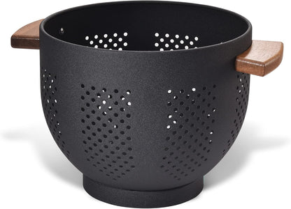 Metal Colander with Wood Handle and Stable Base, 5.5 Quart Powder Coated Steel Kitchen Strainer Basket for Draining Pasta, Vegetable and fruit,Cream