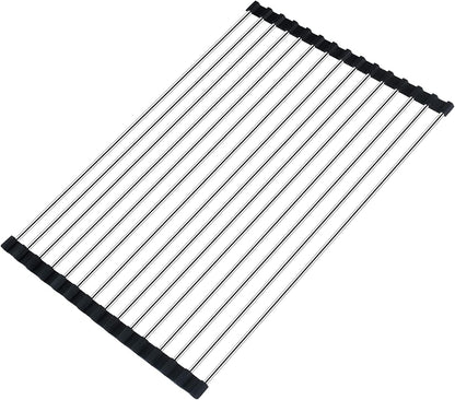 Seropy Roll Up Dish Drying Rack Over The Sink for Kitchen Sink Drying Rack Folding Dish Drainer Mat Rolling Dish Rack Sink Rack Stainless Steel Kitchen Dry Rack Black 17.5x15.7 Inch