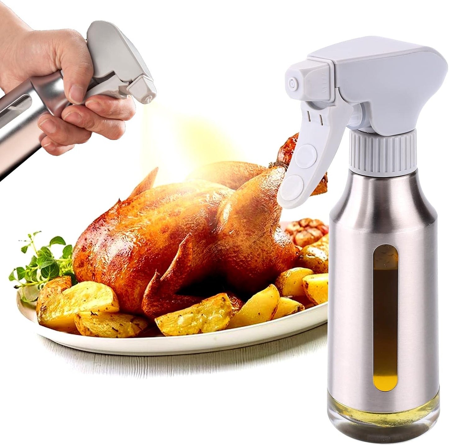 Oil Sprayer for Cooking,Stainless Steel Olive Oil Mister for Air Fryer Black Nozzel Dispenser Bottles Fat Reduction Glass Oil Control Spray Pot 6.35oz(180ml) Capacity