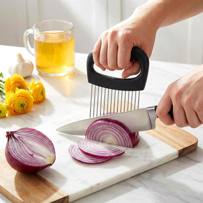Onion Slicer Holder Extra Large Onion Holder for Slicing Tomato Slicer With 16 Long Needles Vegetable Chopper Tomato Potato Meat Tenderizer Stainless Steel Black