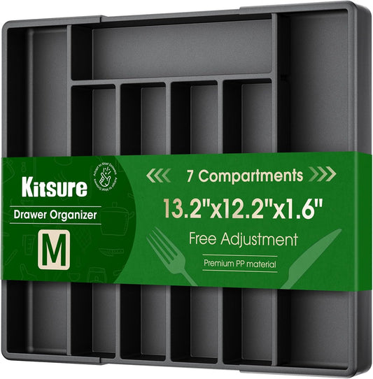 Kitsure Silverware Organizer for Drawers - Expandable Cutlery and Utensil Drawer Organizer with Easy Maintenance, Premium PP Kitchen Organizers and Storage for Flatware, Black, 13.2" x 12.2" x 1.6"