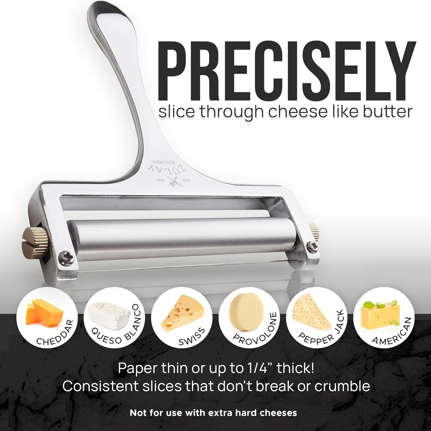 Zulay Kitchen Stainless Steel Wire Cheese Slicer - Adjustable Hand Held Cheese Cutter with 2 Extra Wires - Premium Cheese Shaver For Mozzarella, Cheddar, Gruyere - Cheese Cutter with Wire (Gunmetal)