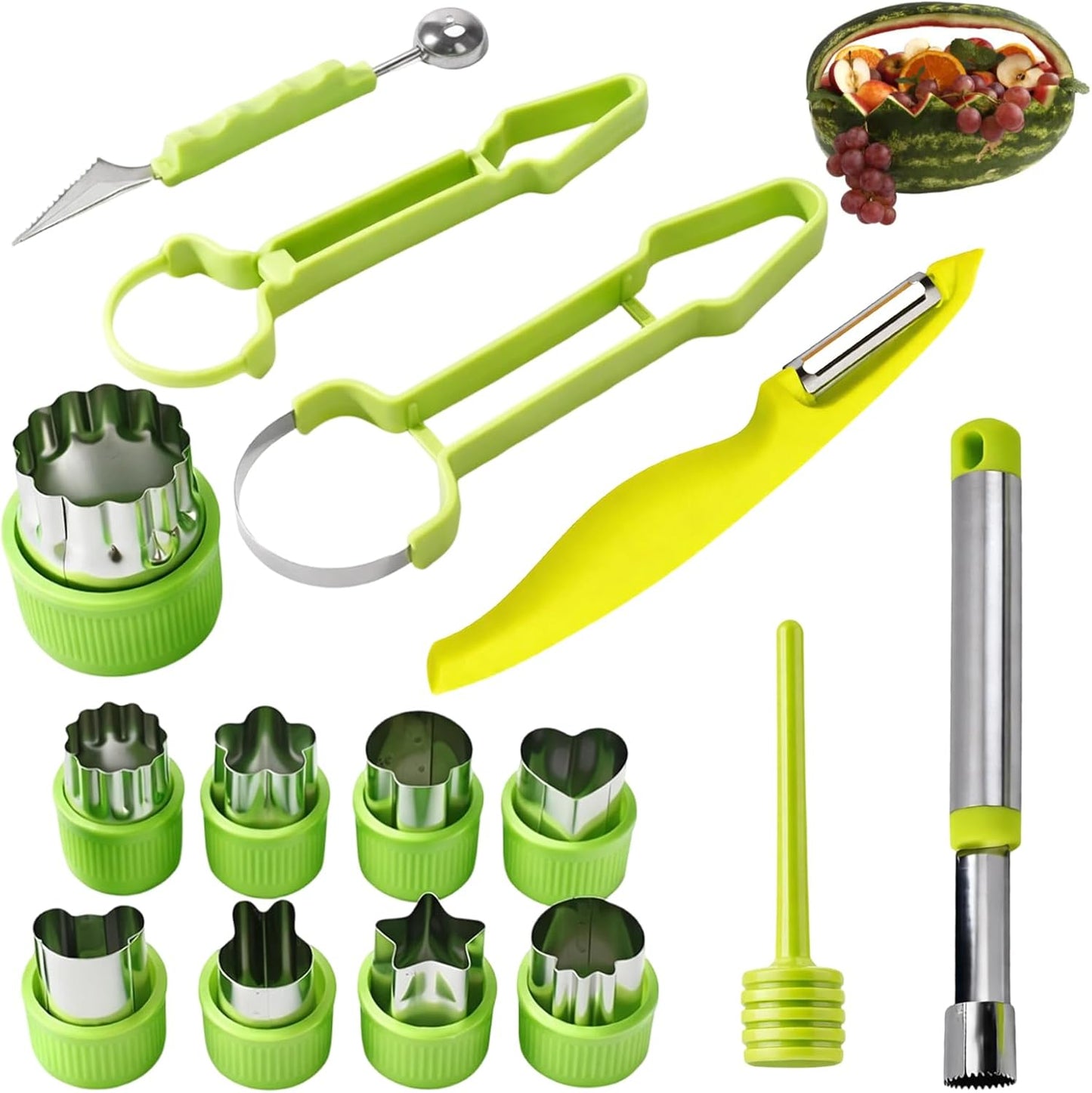 Melon Baller Scoop Set,15-Piece Fruit Cutter Shapes Kit with Melon Baller,Stainless Steel and PP Material for Fruit Carving and Kitchen Use,Durable Fruit Shape Cutters for Professional and Home Chefs