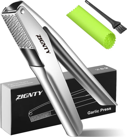 Garlic Press Stainless Steel，Professional Garlic Mincer Tool No Need to Peel，Dual Lever-Assisted Garlic Masher with Large Chamber，High Effective Garlic Crusher & Garlic Presser Dishwasher Safe