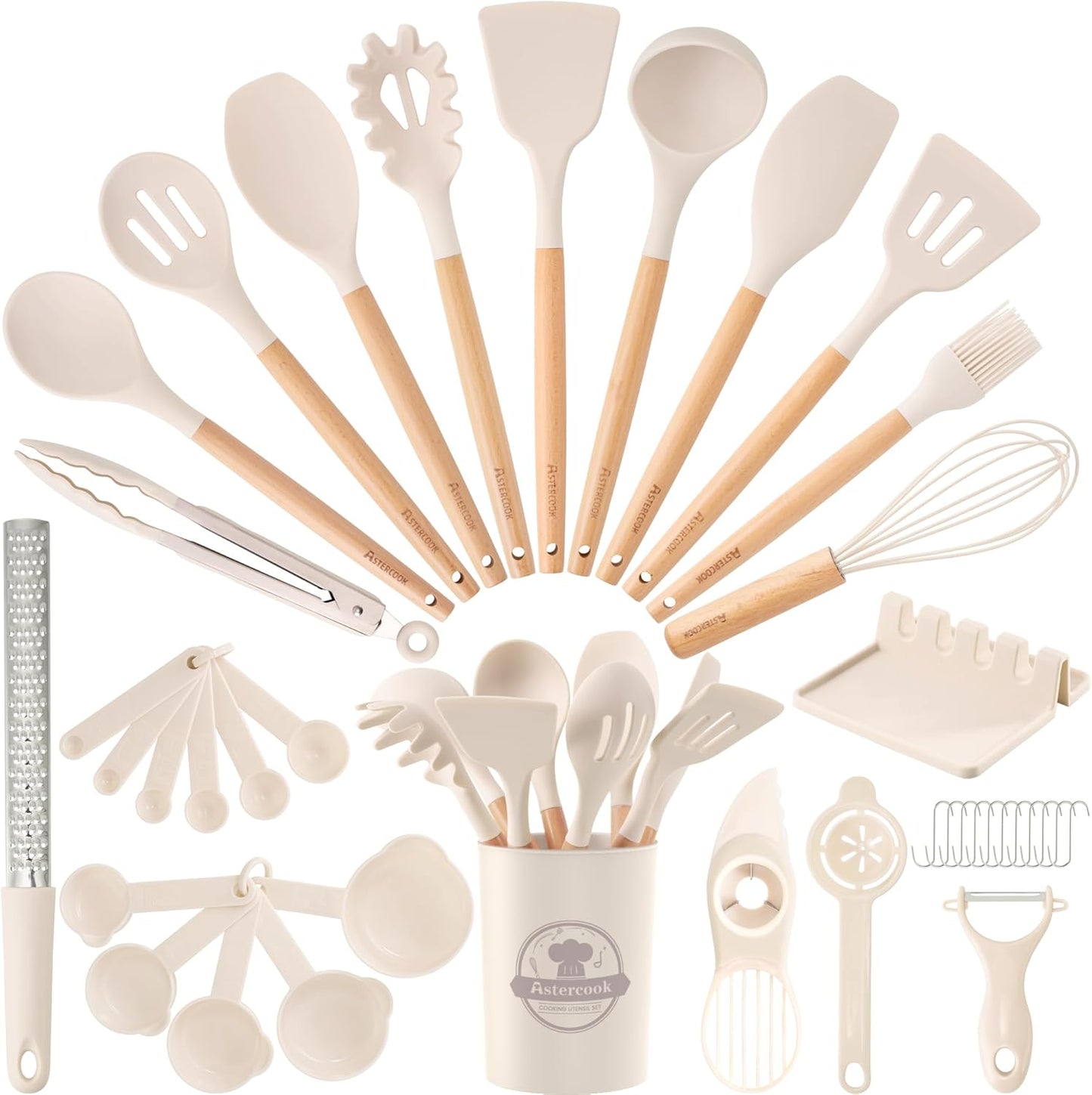 Astercook 39 PCS Kitchen Utensils Set, Silicone Cooking Utensil Sets with Wooden Handle, 446°F Heat Resistant Food Grade Spatula Set, BPA Free Kitchen Gadgets Tools Set & Spoons for Nonstick Cookware