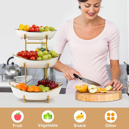 Fruit Bowl for Kitchen Counter, 3 Tier Ceramic Fruit Basket with Metal Stand, Tiered Fruit Stand for Countertop, Modern Multi Serving Bowl for Party Dessert, Vegetable, Snack