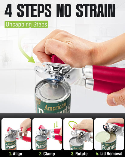 Multifunctional Can Opener Manual, Durable Heavy Duty Handheld Strong Can Opener with Smooth Cutting Edge, Friendly Kitchen Essentials Tool for Seniors, Camping and Bottle Opening-Black