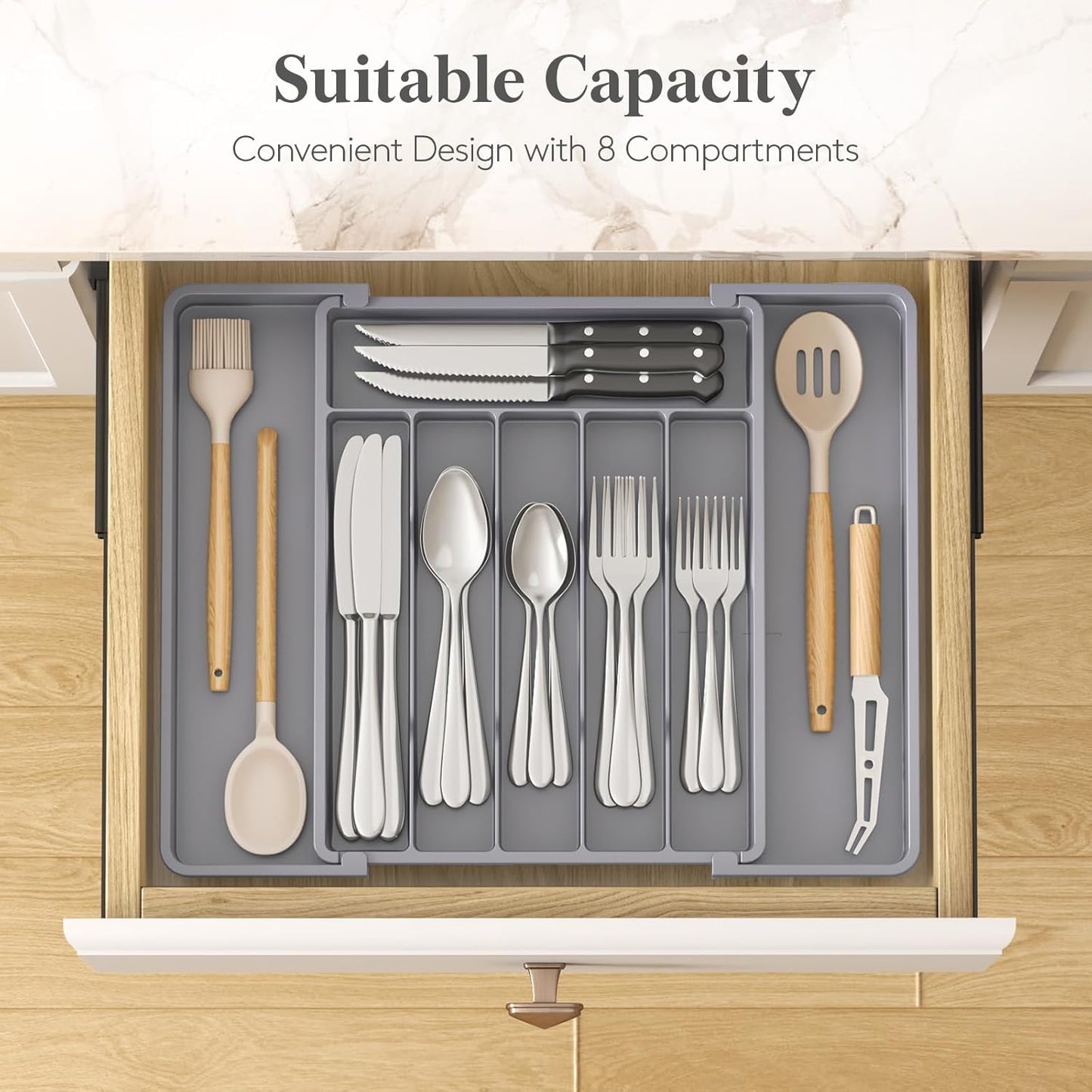 Lifewit Silverware Drawer Organizer, Expandable Utensil Tray for Kitchen, BPA Free Flatware and Cutlery Holder, Adjustable Plastic Storage for Spoons Forks Knives, 11-18 x 14", Black