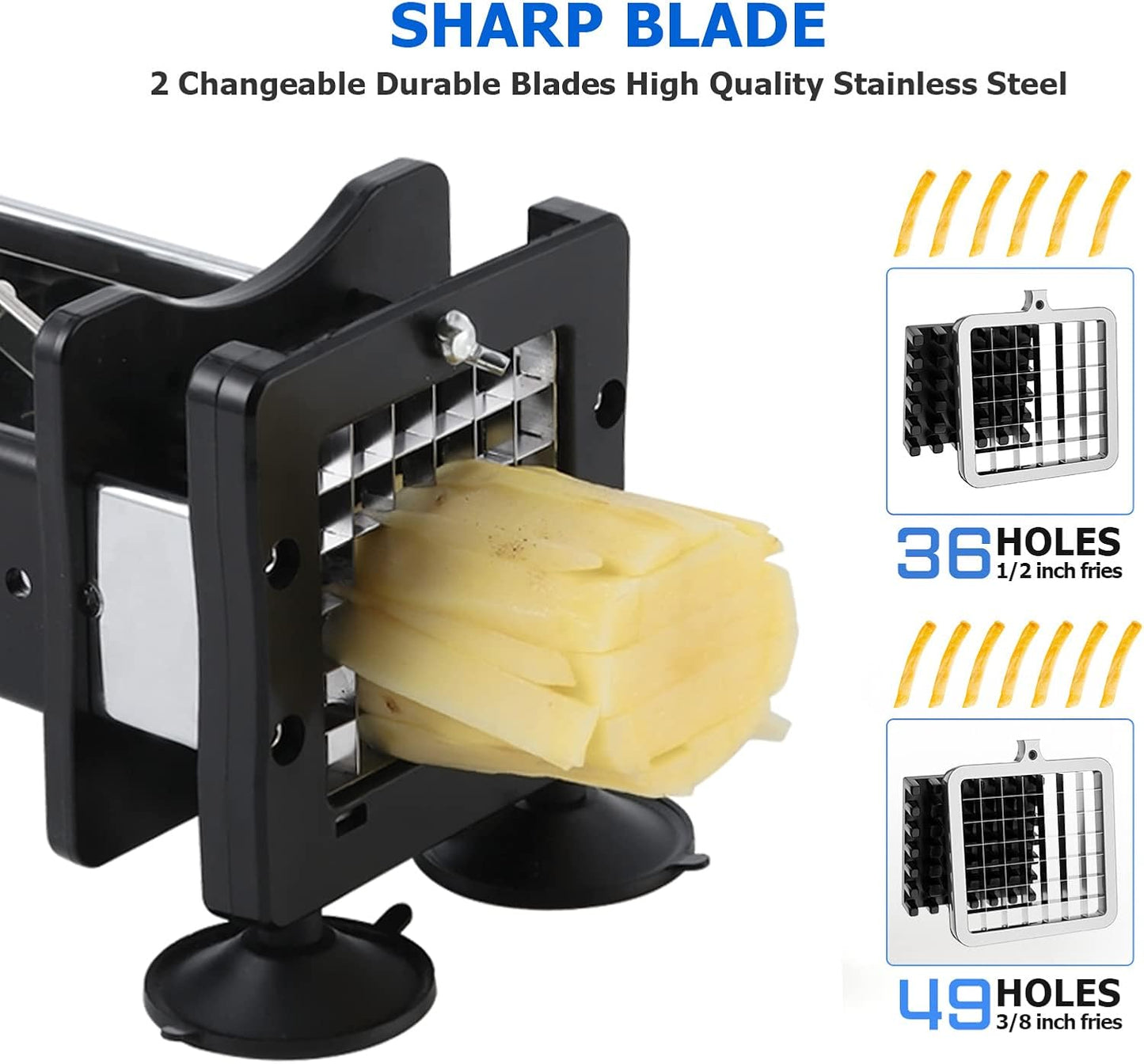 Redhoney French Fry Cutter Stainless Steel Potato Cutter With 1/2" and 3/8" Commercial Grade Blades, Vegetable Cutter Chopper for Vegetables, Cucumbers, Potatoes