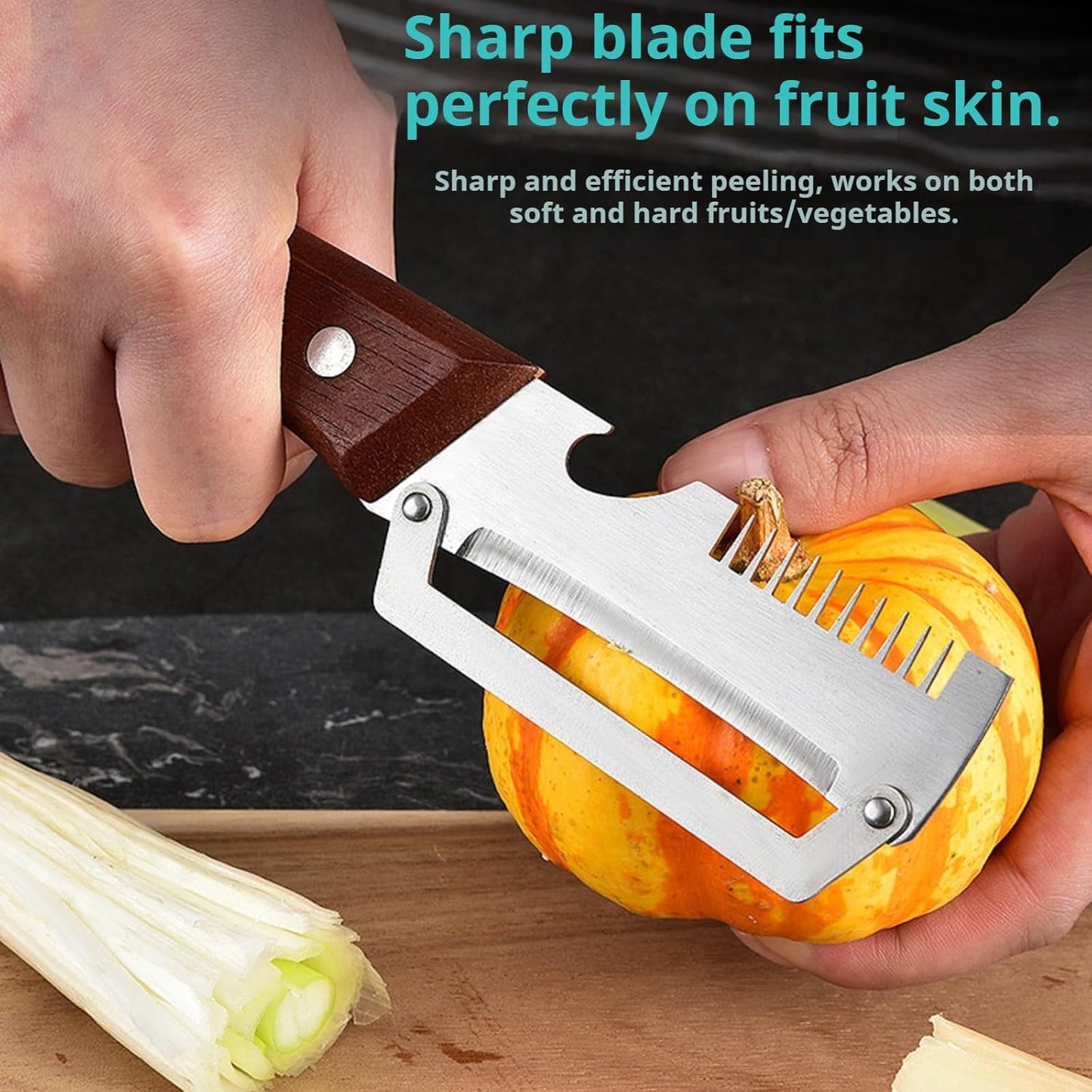 Vegetable Peeler with Wooden Handle and Bottle Opener,Stainless Steel Julienne Peeler,Multi Functional Kitchen Gadgets for Apple Fruit Orange Potato Carrot Pumpkin Papaya (2)