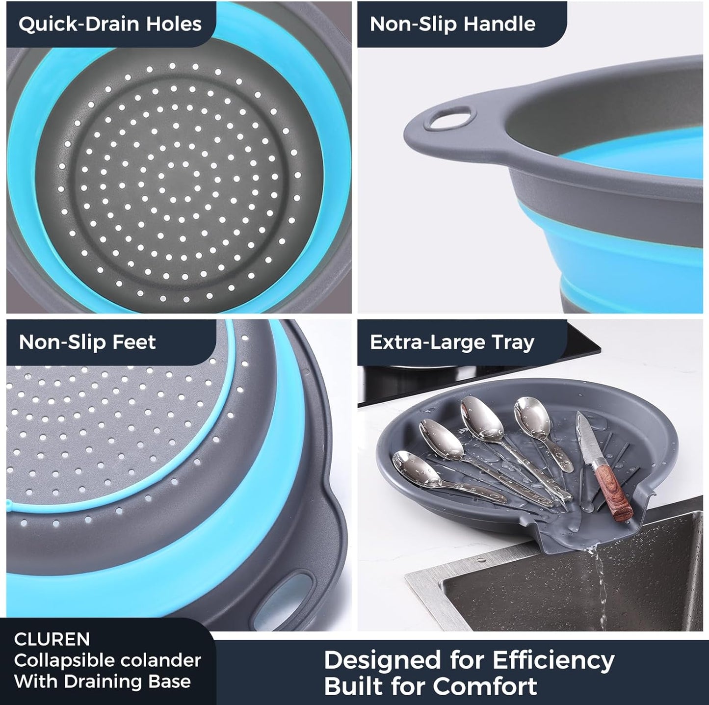 Collapsible Colander Set with Oversized Draining Tray | 3-Pack Foldable Kitchen Strainers + Base | Space Saving for Pasta, Veggies, Fruit & Rice | 5 Colors (Gray-White)
