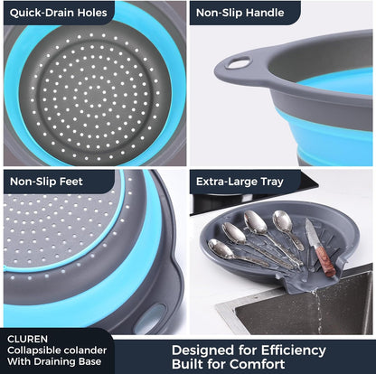 Collapsible Colander Set with Oversized Draining Tray | 3-Pack Foldable Kitchen Strainers + Base | Space Saving for Pasta, Veggies, Fruit & Rice | 5 Colors (Gray-White)
