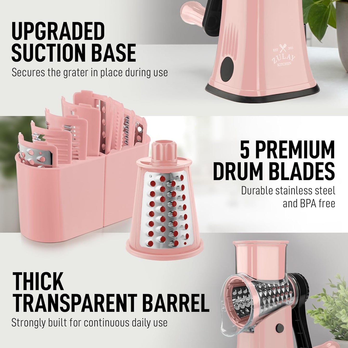 Zulay Kitchen Rotary Cheese Grater 5 Blade Cheese Shredder - Manual Hand Crank Cheese Grater With Reinforced Suction & 5 Interchangeable Drums - Easy to Use, Vegetable Chopper Round Mandoline Slicer - Colors B