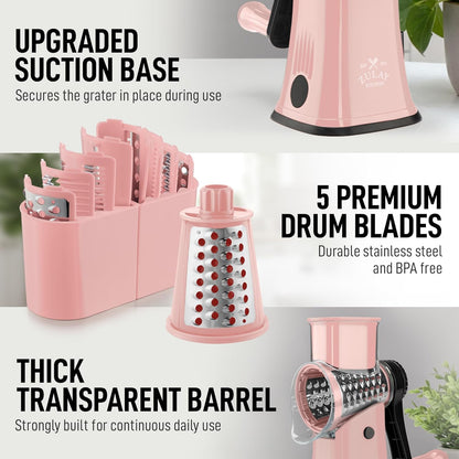 Zulay Kitchen Rotary Cheese Grater 5 Blade Cheese Shredder - Manual Hand Crank Cheese Grater With Reinforced Suction & 5 Interchangeable Drums - Easy to Use, Vegetable Chopper Round Mandoline Slicer - Colors B