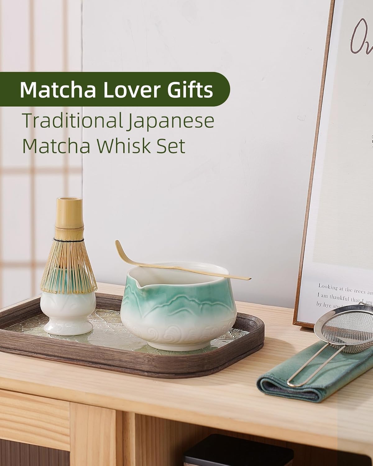 ZENS Pink Matcha Set, Matcha Whisk Set Includes 15oz Ceramic Bowl & (Chasen Holder), Bamboo Whisk & Scoop, Sifter and Pink Tea Towel, 6pcs Matcha Kit for Matcha Lovers