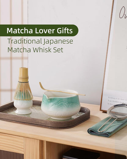 ZENS Pink Matcha Set, Matcha Whisk Set Includes 15oz Ceramic Bowl & (Chasen Holder), Bamboo Whisk & Scoop, Sifter and Pink Tea Towel, 6pcs Matcha Kit for Matcha Lovers