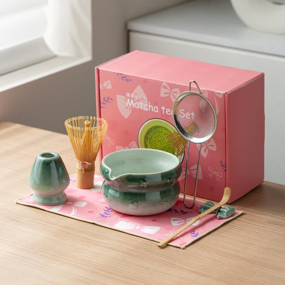 DWEHIXBUY Matcha Kit 7-Pcs matcha whisk set, Measuring Spoon, Japanese Tea Making Tools,Cha, tea bowl, pink matcha set (dark blue)