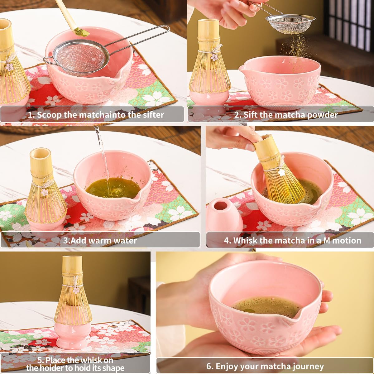 8-Piece Matcha Ceremony Set - Tea Kit with Cherry Blossom Bowl, Bamboo Whisk, Wood Scoops, Tea Cloth & Floral Display - Gift-Ready Pink Cherry color box (blue)