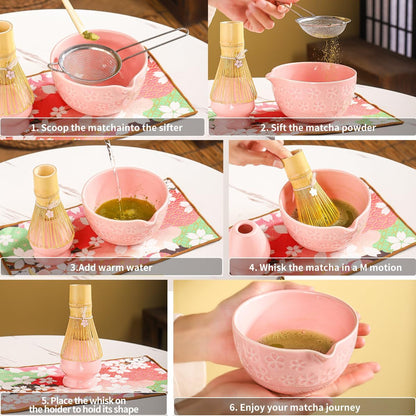 8-Piece Matcha Ceremony Set - Tea Kit with Cherry Blossom Bowl, Bamboo Whisk, Wood Scoops, Tea Cloth & Floral Display - Gift-Ready Pink Cherry color box (blue)