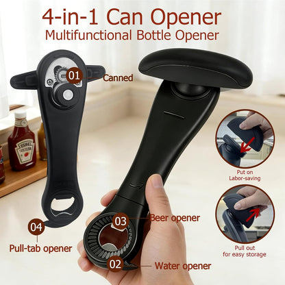 4-In-1 Multifunctional Can Opener Manual, Can Openers for Seniors with Magnetic Hooks, Can Opener Smooth Edge Suitable for Beer/Cans(Black)