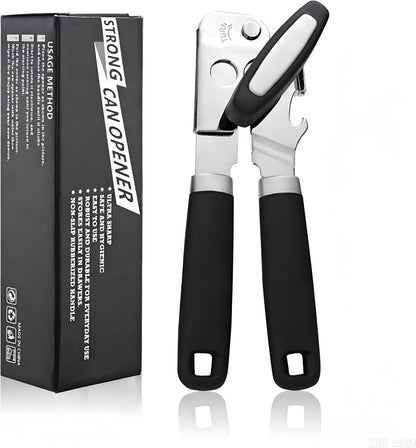 Manual Can Opener Heavy Duty Smooth Edge - Bottle Opener Combo for Seniors Adults, Stainless Steel Kitchen Camping Tool, Safe Easy to Use, Black