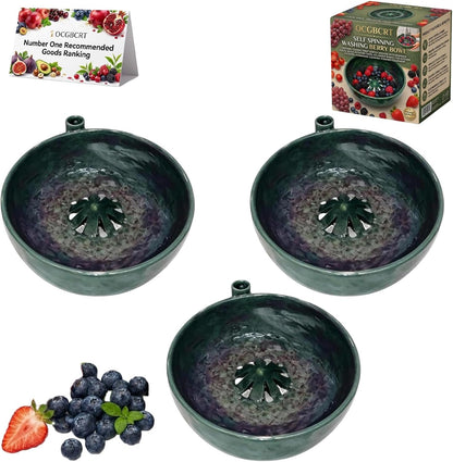 Self Spinning Washing Berry Bowl, Original Ceramic Fruit Vortex Washer with Drainage Holes, Quick Rotating Swirl Colander Basket for Kitchen Counter, Handmade Cleaning Strainer Equipment