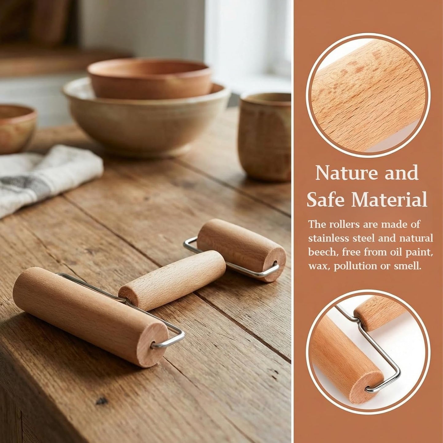 AVLA 4 Pack Wood Pastry Pizza Roller, Non Stick Wooden Rolling Pin for Home, Professional Dough Roller Tool Set for Baking, Cooking, Multifunction Craft Clay Roller, Easy to Handle