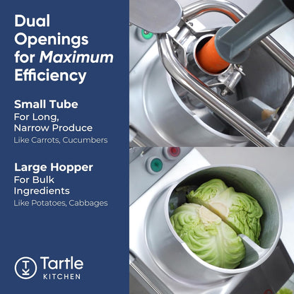 Tartle Kitchen 550W Electric Vegetable Chopper - Commercial Food Processor with Continuous Feed, Dual Feed Openings, 5 Discs for Slicing, Shredding, & Grating - Restaurant-Grade, NSF & ETL Certified