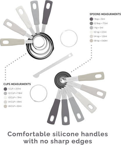 CuttleLab Measuring Cups and Measuring Spoons Set of 14 - Stainless Steel Measuring Cups and Spoons Set, Includes 1/8 Teaspoon Measuring Spoon, 1/8 Cup Measuring Cup, Leveler Dry (14, Country Chic)
