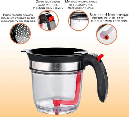 Oil Separator | 4-Cup Oil Fat Separator | Fat Separator with Strainer | Gravy Separator, Measuring Cup with Bottom Drain, Degreasing Cup