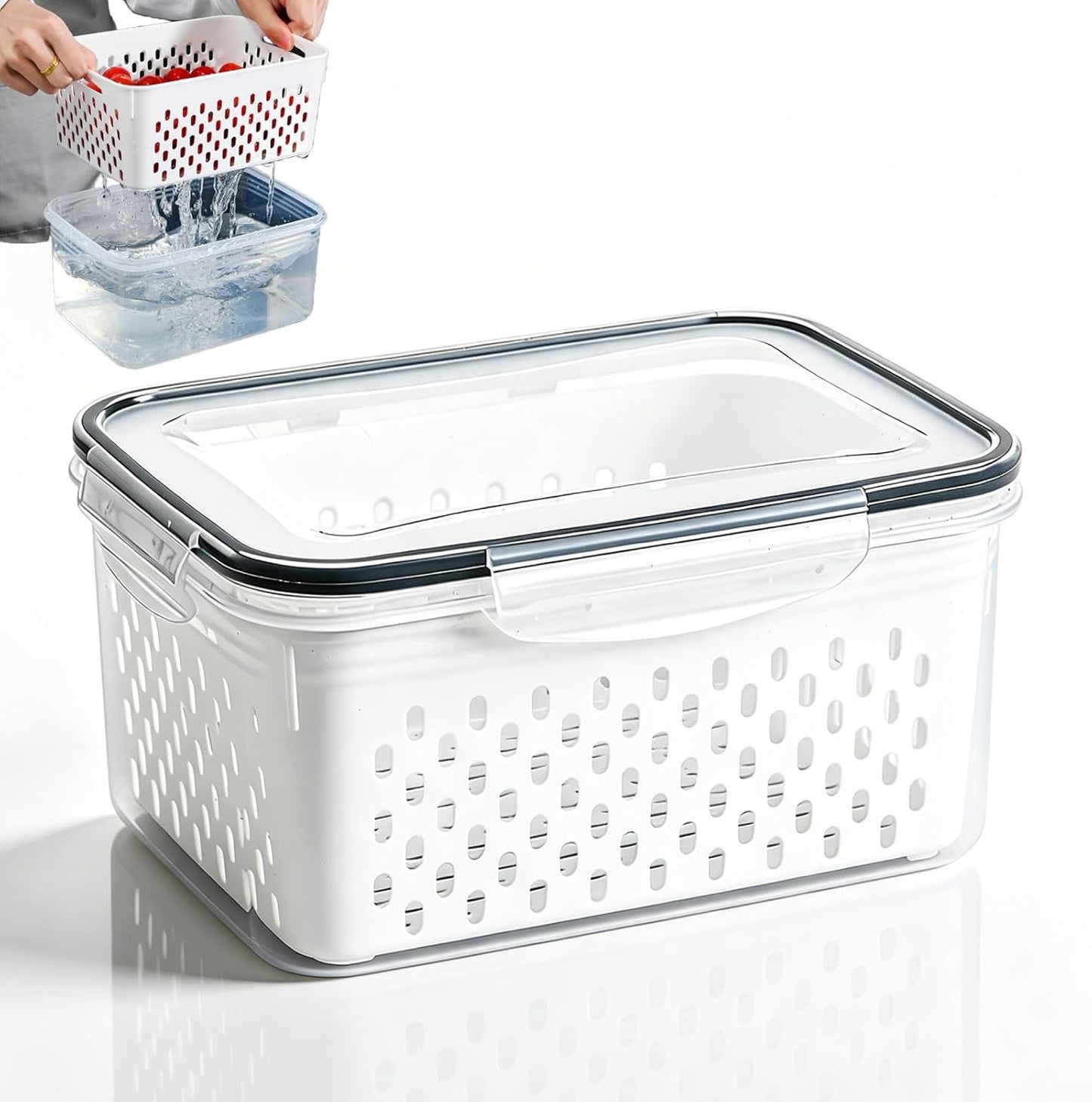 Drain Storage Basket, Fruit Storage Containers for Fridge with Removable Colander and Lid Produce Containers Keep Fruits Vegetables Meat Freshness (1750ML)