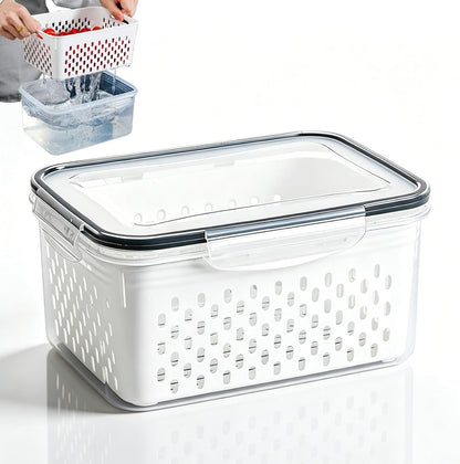 Drain Storage Basket, Fruit Storage Containers for Fridge with Removable Colander and Lid Produce Containers Keep Fruits Vegetables Meat Freshness (1750ML)