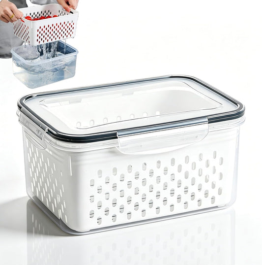 Drain Storage Basket, Fruit Storage Containers for Fridge with Removable Colander and Lid Produce Containers Keep Fruits Vegetables Meat Freshness (1750ML)