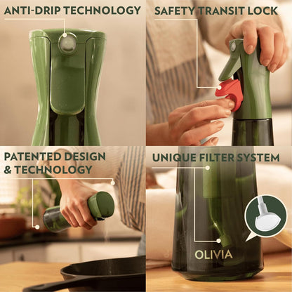 OLIVIA SIGNATURE Advanced Kitchen Oil Sprayer with Flairosol Technology, Fine Mist & Portion Control, Refillable Glass Olive Oil Cooking Spray Bottle for Air Fryer, Salad, BBQ, 200ml (Golden Leaves)