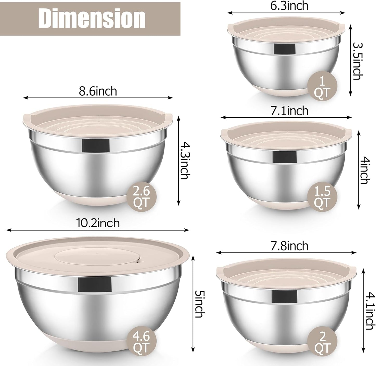 E-far Stainless Steel Mixing Bowls with Lids Set, 5-Piece Nesting Salad Bowls with 3 Grater Attachments and Non-Slip Bottoms, Size 4.6, 2.6, 2, 1.5, 1QT for Kitchen (Black)
