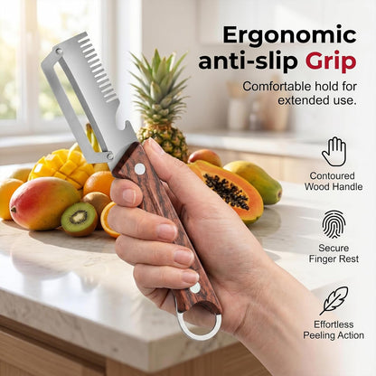 3 In 1 Multifunctional Vegetable Peeler for Kitchen, 2026 New Peeler with Thicken Wooden Handle And Bottle Opener Zero Flex Smooth Glide Potatoes Skin Heavy Duty Stainless Steel (2PCS)