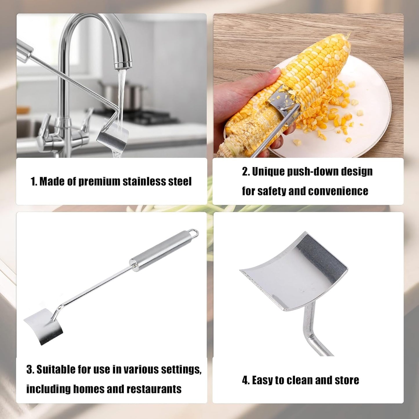 2pcs Long Handle Corn Stripping Tool, Stainless Steel Corn On The Cob Remover Peeler Stripper Kernel Scraper Cutter Husker Shucker Sheller for Home Kitchen Restaurant BBQ