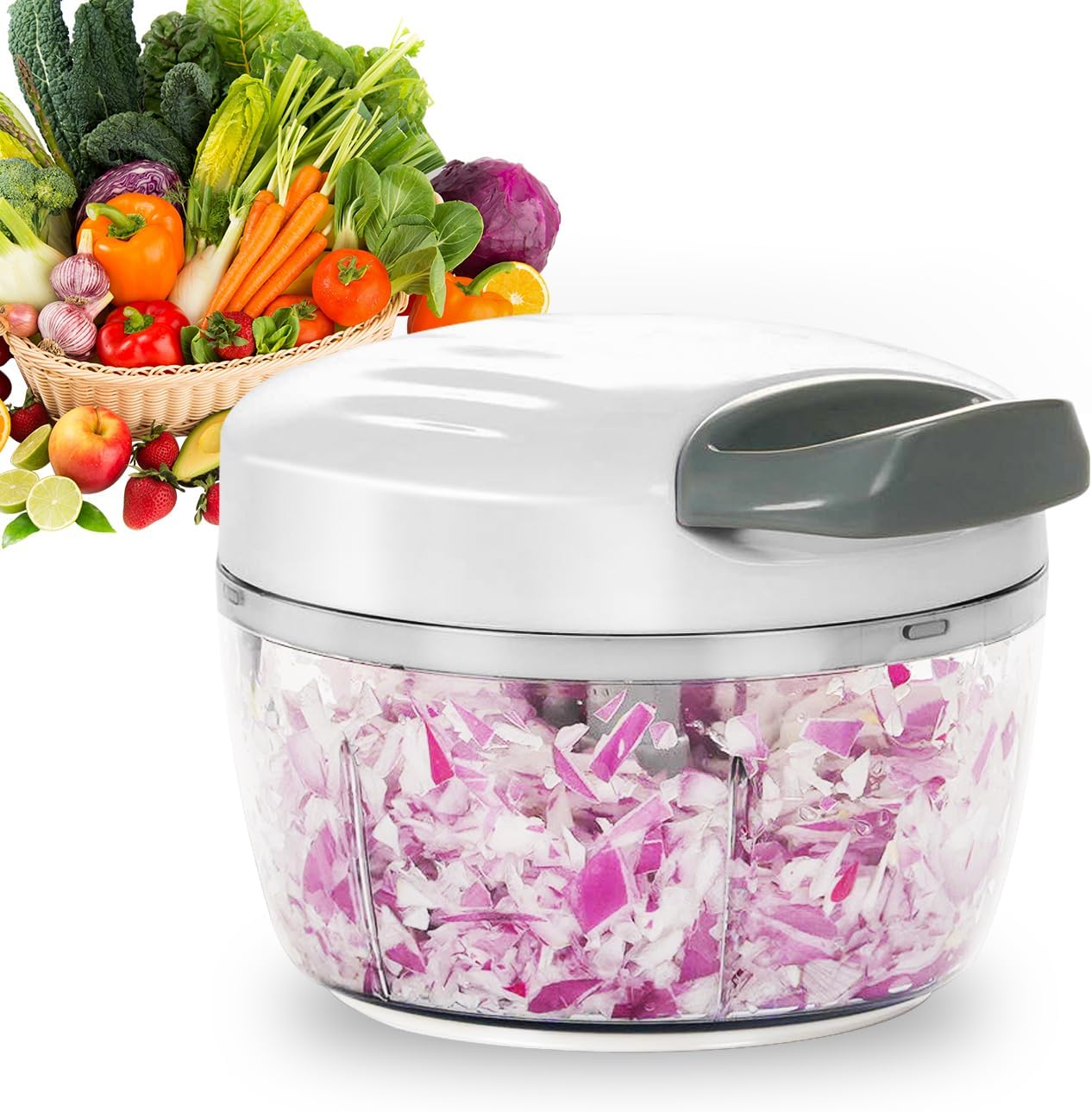 Manual Food Processor Vegetable Chopper 2.3 Cup Small Mini Hand Pull String Onion Chopper Garlic Mincer Cutter with 3 Stainless Steel Blades (Grey, 550 ml)