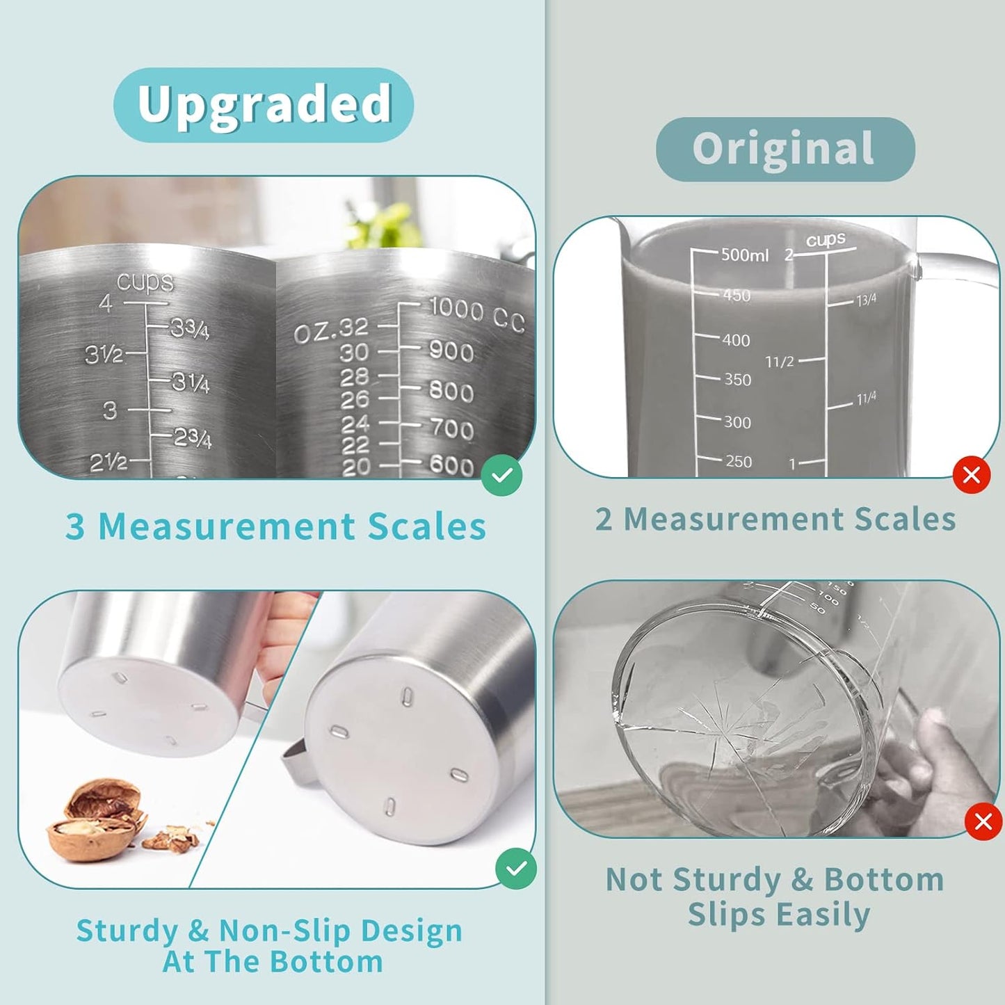 Newness Stainless Steel Measuring Cup, Metal Measuring Cup with Handle (Upgraded, 3 Marking Including Cup/ML/Ounce Scale), 16 Ounces (0.5 Liter, 2 Cup)