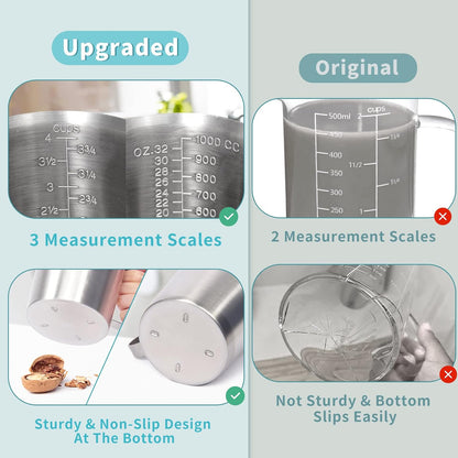 Newness Stainless Steel Measuring Cup, Metal Measuring Cup with Handle (Upgraded, 3 Marking Including Cup/ML/Ounce Scale), 16 Ounces (0.5 Liter, 2 Cup)