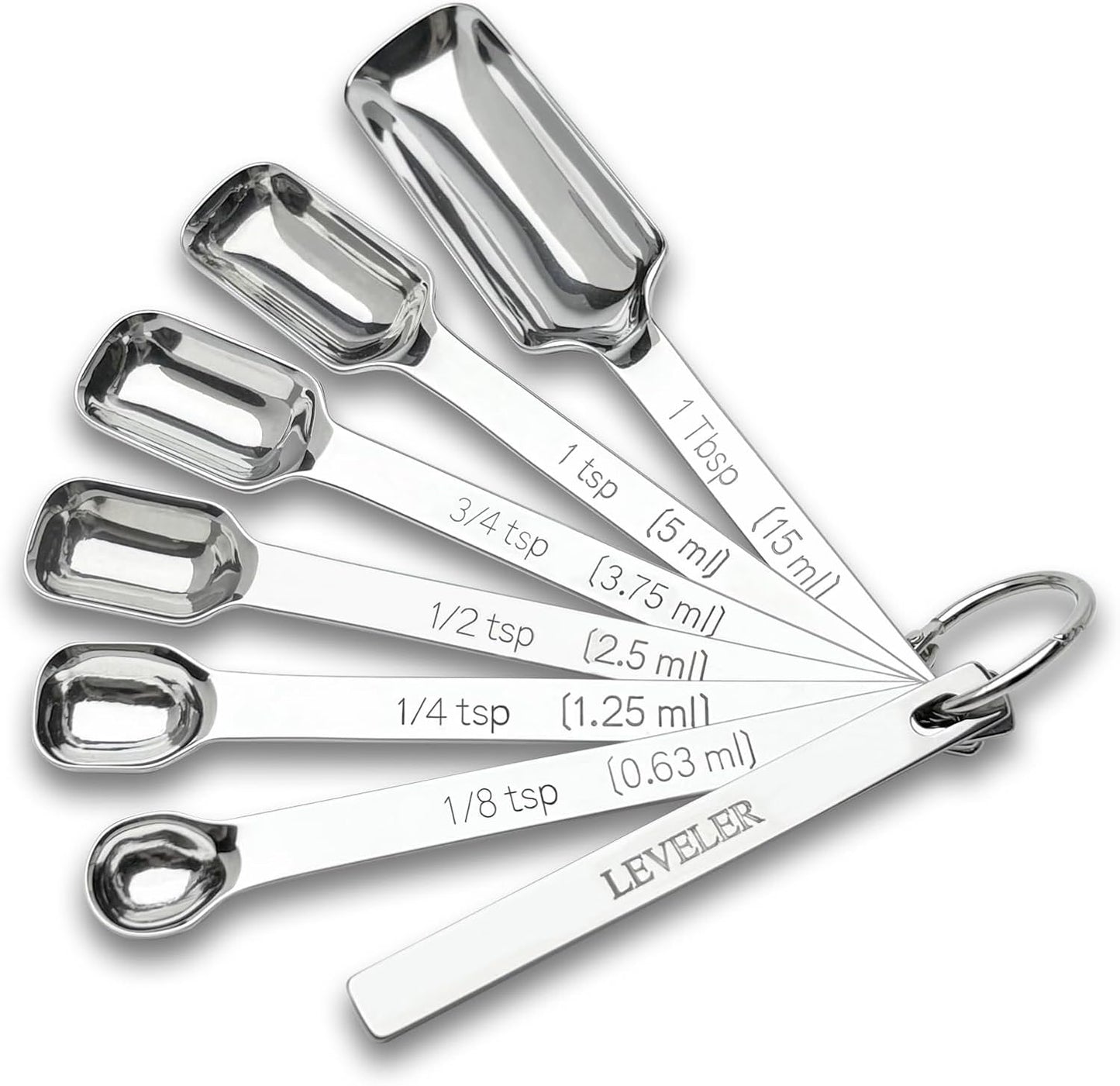Stainless Steel Measuring Spoons Set of 7 with Leveler, Long Handle Rectangular Metal Teaspoon Tablespoon for Measuring Kitchen Spice, Dry & Liquid Ingredients