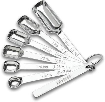 Stainless Steel Measuring Spoons Set of 7 with Leveler, Long Handle Rectangular Metal Teaspoon Tablespoon for Measuring Kitchen Spice, Dry & Liquid Ingredients