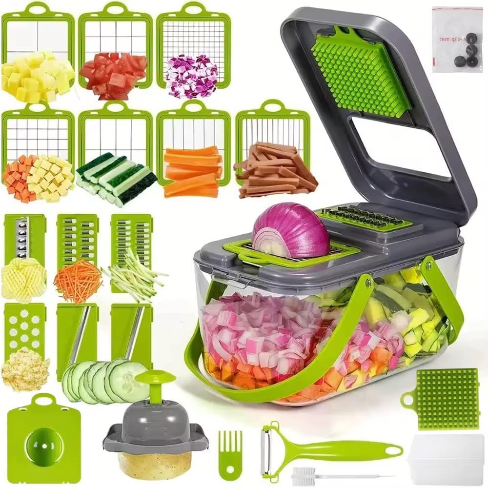22-in-1 Vegetable Chopper with Container, Food Dicer Cutter, Mandoline Slicer & Cheese Grater, BPA-Free Kitchen Gadget for Onion, Potato, Cucumber & Veggies